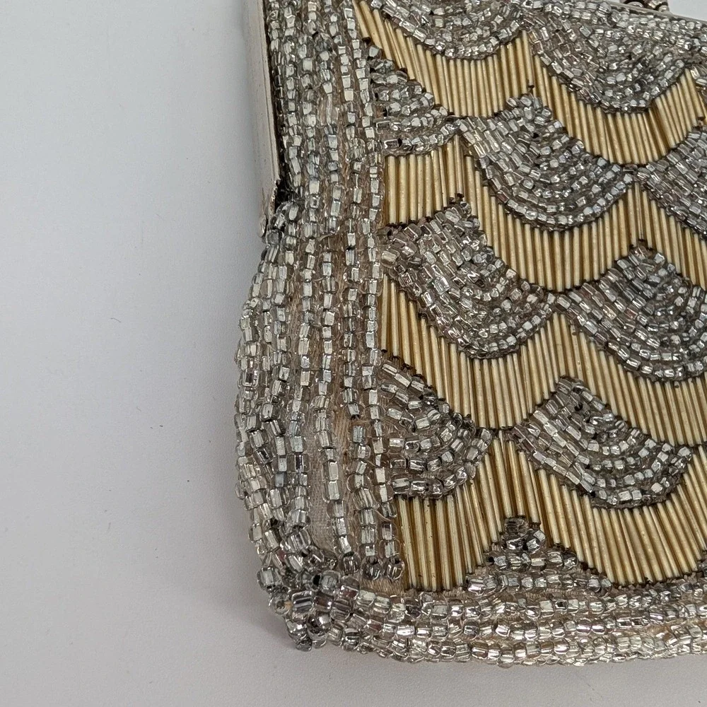VTG Beaded Evening Bag Small Gold Silver Art Deco Kiss Lock Clutch Formal Glam